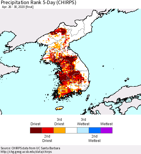 Korea Precipitation Rank since 1981, 5-Day (CHIRPS) Thematic Map For 4/26/2020 - 4/30/2020