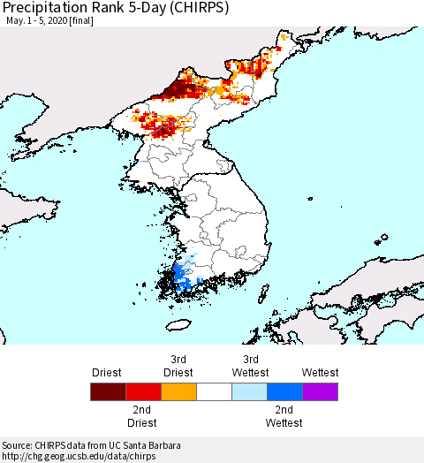 Korea Precipitation Rank 5-Day (CHIRPS) Thematic Map For 5/1/2020 - 5/5/2020