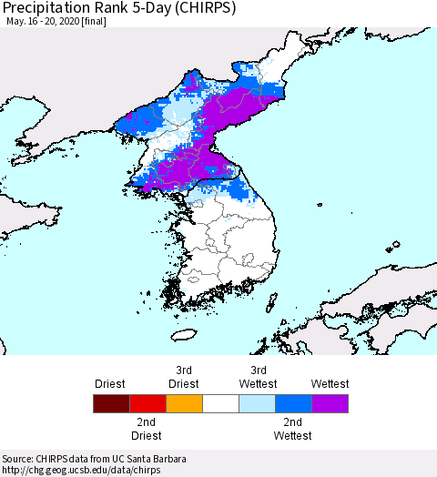 Korea Precipitation Rank 5-Day (CHIRPS) Thematic Map For 5/16/2020 - 5/20/2020