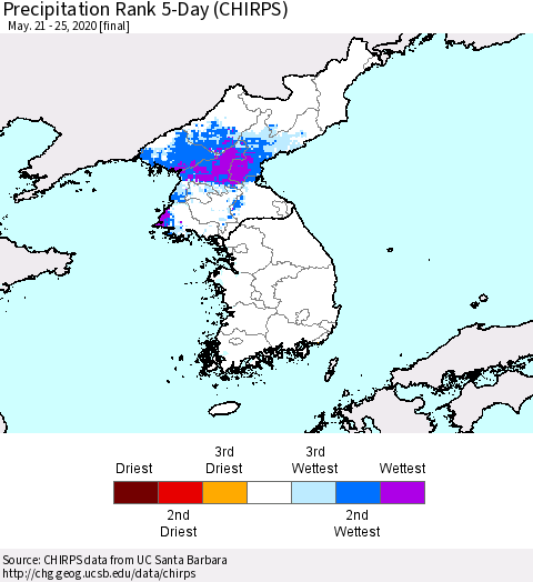 Korea Precipitation Rank 5-Day (CHIRPS) Thematic Map For 5/21/2020 - 5/25/2020