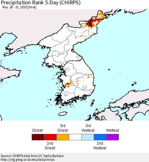Korea Precipitation Rank 5-Day (CHIRPS) Thematic Map For 5/26/2020 - 5/31/2020