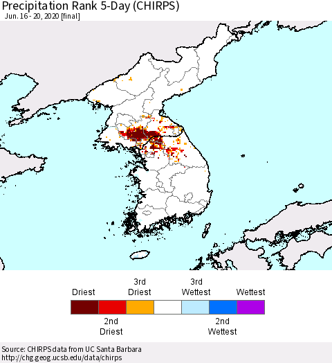 Korea Precipitation Rank 5-Day (CHIRPS) Thematic Map For 6/16/2020 - 6/20/2020
