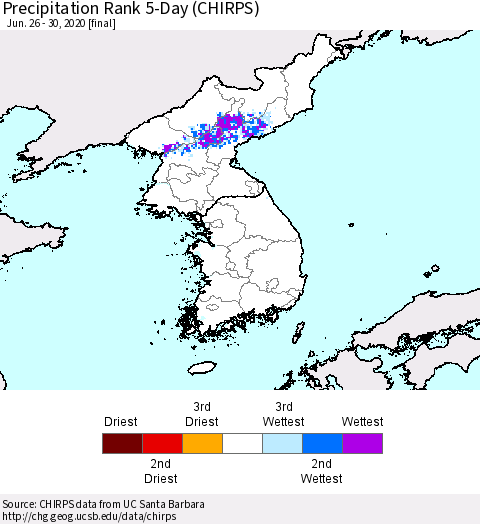Korea Precipitation Rank since 1981, 5-Day (CHIRPS) Thematic Map For 6/26/2020 - 6/30/2020