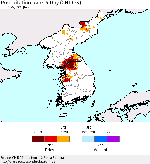 Korea Precipitation Rank 5-Day (CHIRPS) Thematic Map For 7/1/2020 - 7/5/2020