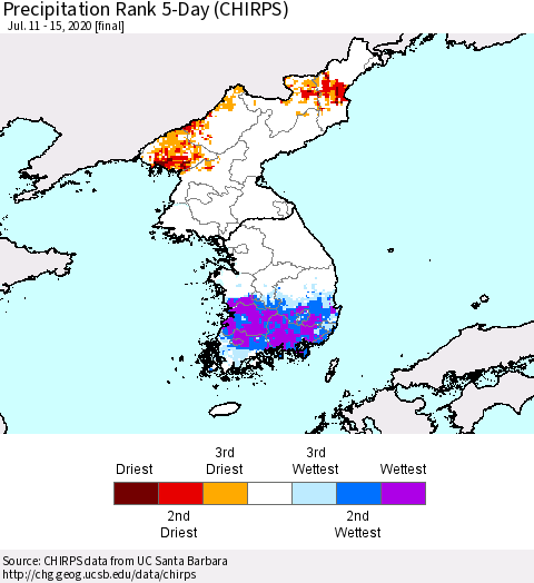 Korea Precipitation Rank 5-Day (CHIRPS) Thematic Map For 7/11/2020 - 7/15/2020