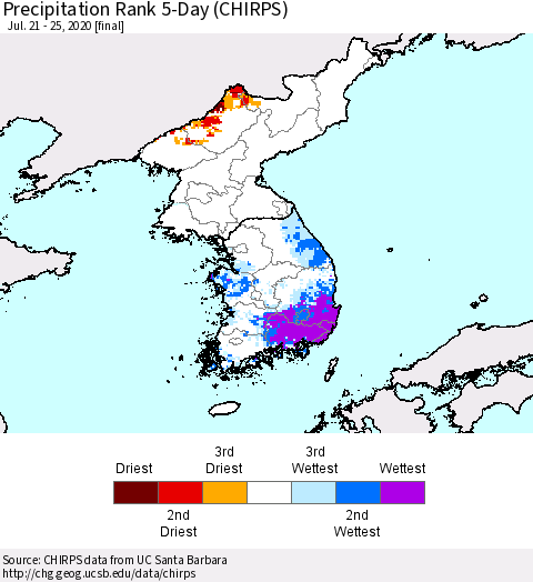 Korea Precipitation Rank 5-Day (CHIRPS) Thematic Map For 7/21/2020 - 7/25/2020