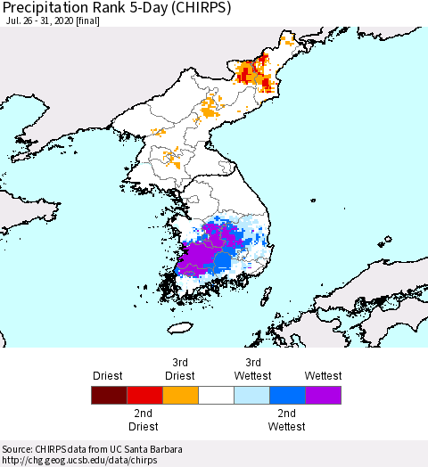 Korea Precipitation Rank 5-Day (CHIRPS) Thematic Map For 7/26/2020 - 7/31/2020