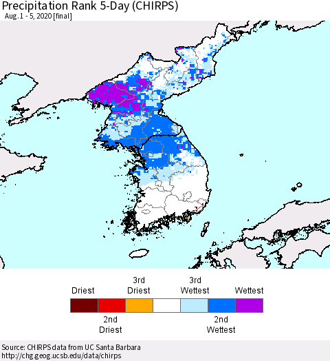 Korea Precipitation Rank since 1981, 5-Day (CHIRPS) Thematic Map For 8/1/2020 - 8/5/2020