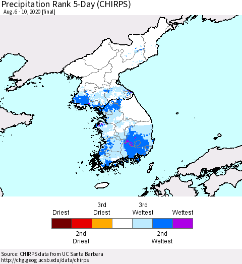 Korea Precipitation Rank 5-Day (CHIRPS) Thematic Map For 8/6/2020 - 8/10/2020