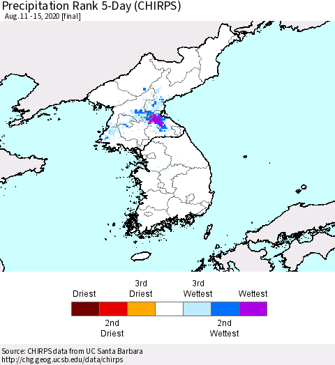 Korea Precipitation Rank 5-Day (CHIRPS) Thematic Map For 8/11/2020 - 8/15/2020