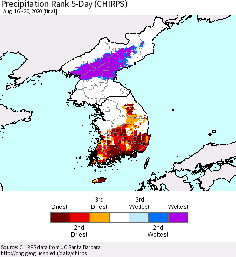 Korea Precipitation Rank 5-Day (CHIRPS) Thematic Map For 8/16/2020 - 8/20/2020