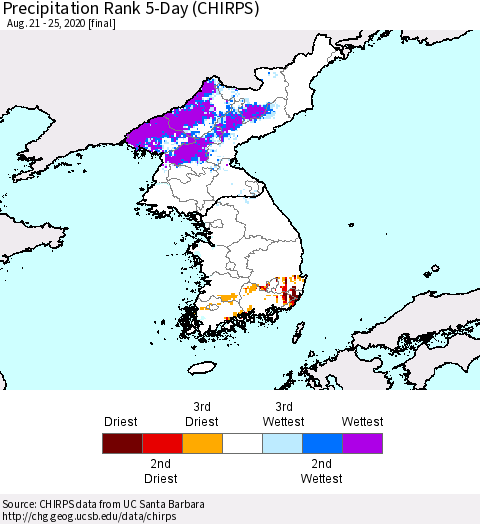Korea Precipitation Rank since 1981, 5-Day (CHIRPS) Thematic Map For 8/21/2020 - 8/25/2020