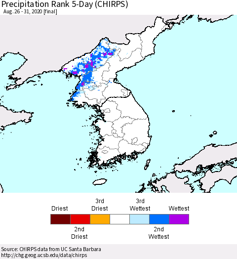 Korea Precipitation Rank 5-Day (CHIRPS) Thematic Map For 8/26/2020 - 8/31/2020