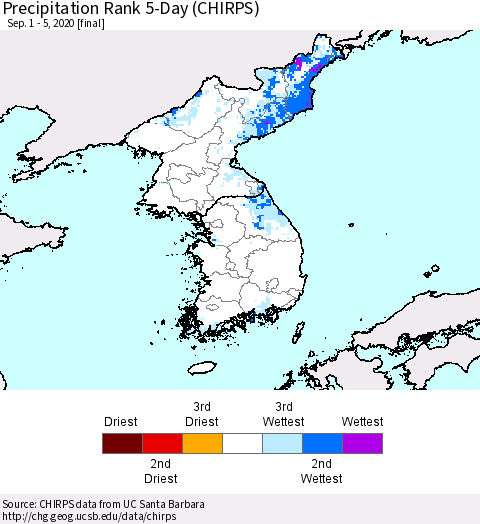 Korea Precipitation Rank 5-Day (CHIRPS) Thematic Map For 9/1/2020 - 9/5/2020