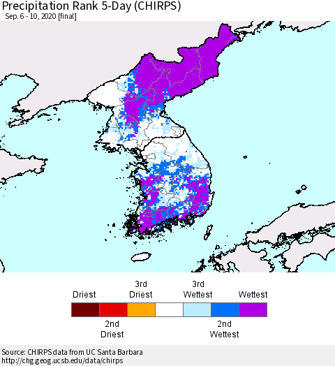 Korea Precipitation Rank 5-Day (CHIRPS) Thematic Map For 9/6/2020 - 9/10/2020
