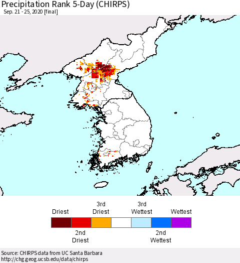 Korea Precipitation Rank 5-Day (CHIRPS) Thematic Map For 9/21/2020 - 9/25/2020