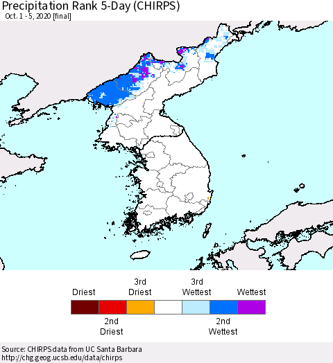 Korea Precipitation Rank since 1981, 5-Day (CHIRPS) Thematic Map For 10/1/2020 - 10/5/2020