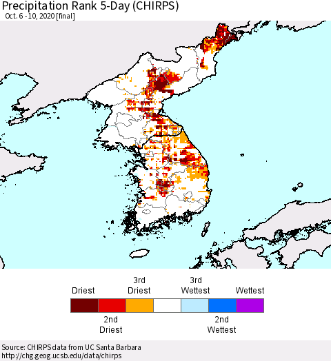 Korea Precipitation Rank 5-Day (CHIRPS) Thematic Map For 10/6/2020 - 10/10/2020