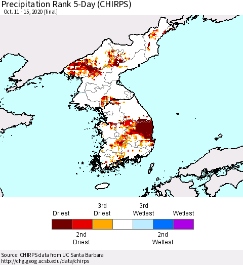 Korea Precipitation Rank 5-Day (CHIRPS) Thematic Map For 10/11/2020 - 10/15/2020