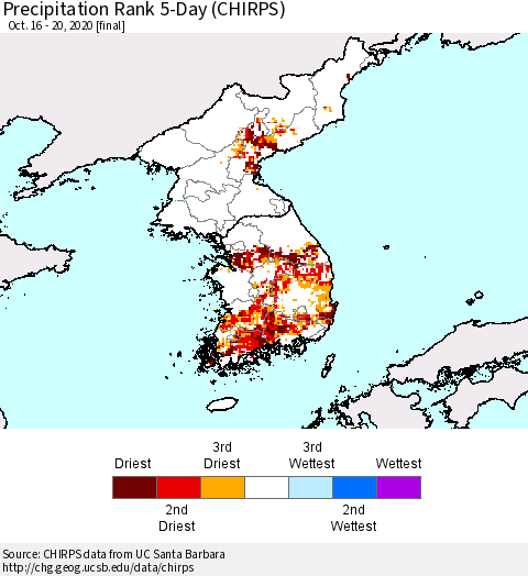 Korea Precipitation Rank since 1981, 5-Day (CHIRPS) Thematic Map For 10/16/2020 - 10/20/2020