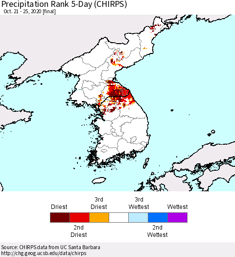 Korea Precipitation Rank 5-Day (CHIRPS) Thematic Map For 10/21/2020 - 10/25/2020