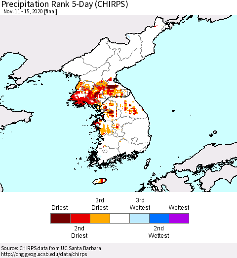 Korea Precipitation Rank 5-Day (CHIRPS) Thematic Map For 11/11/2020 - 11/15/2020