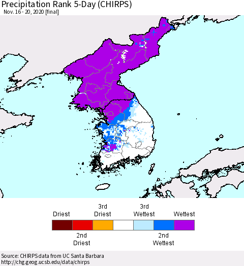 Korea Precipitation Rank since 1981, 5-Day (CHIRPS) Thematic Map For 11/16/2020 - 11/20/2020