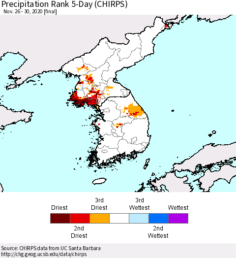 Korea Precipitation Rank 5-Day (CHIRPS) Thematic Map For 11/26/2020 - 11/30/2020