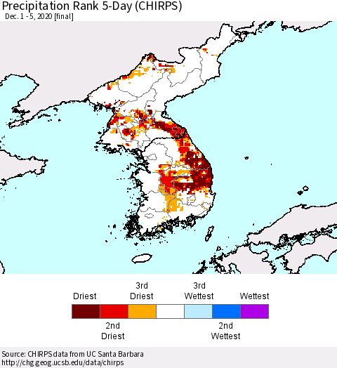Korea Precipitation Rank since 1981, 5-Day (CHIRPS) Thematic Map For 12/1/2020 - 12/5/2020