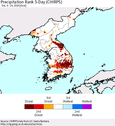 Korea Precipitation Rank 5-Day (CHIRPS) Thematic Map For 12/6/2020 - 12/10/2020