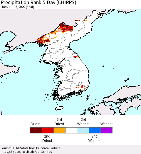 Korea Precipitation Rank 5-Day (CHIRPS) Thematic Map For 12/11/2020 - 12/15/2020