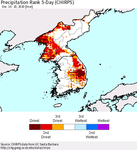 Korea Precipitation Rank 5-Day (CHIRPS) Thematic Map For 12/16/2020 - 12/20/2020