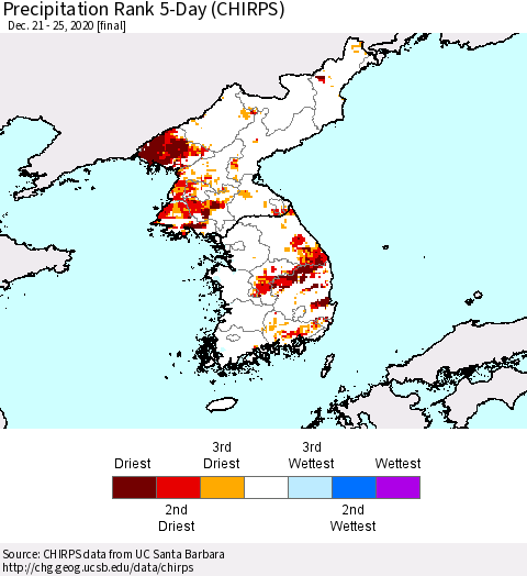 Korea Precipitation Rank 5-Day (CHIRPS) Thematic Map For 12/21/2020 - 12/25/2020
