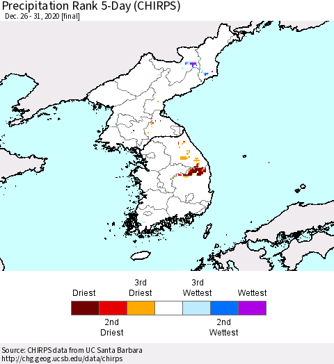 Korea Precipitation Rank 5-Day (CHIRPS) Thematic Map For 12/26/2020 - 12/31/2020