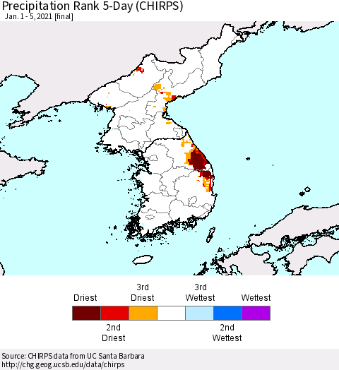 Korea Precipitation Rank 5-Day (CHIRPS) Thematic Map For 1/1/2021 - 1/5/2021