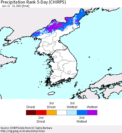 Korea Precipitation Rank 5-Day (CHIRPS) Thematic Map For 1/11/2021 - 1/15/2021
