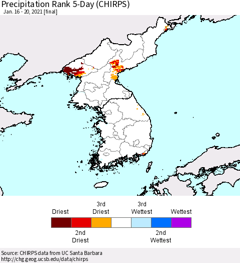 Korea Precipitation Rank 5-Day (CHIRPS) Thematic Map For 1/16/2021 - 1/20/2021