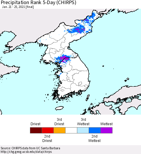 Korea Precipitation Rank 5-Day (CHIRPS) Thematic Map For 1/21/2021 - 1/25/2021