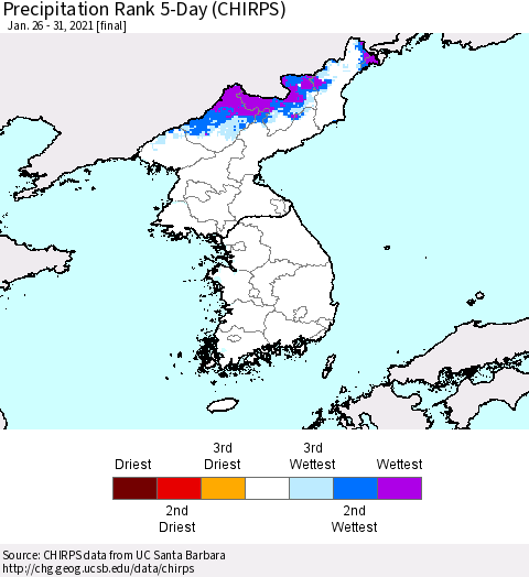 Korea Precipitation Rank since 1981, 5-Day (CHIRPS) Thematic Map For 1/26/2021 - 1/31/2021