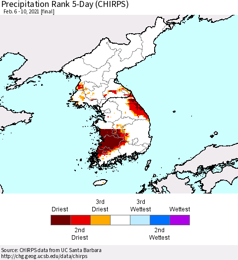 Korea Precipitation Rank since 1981, 5-Day (CHIRPS) Thematic Map For 2/6/2021 - 2/10/2021