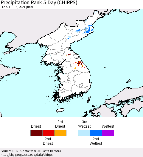 Korea Precipitation Rank 5-Day (CHIRPS) Thematic Map For 2/11/2021 - 2/15/2021