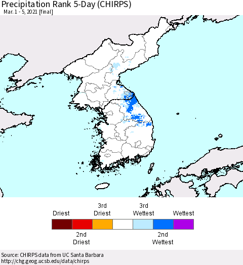 Korea Precipitation Rank 5-Day (CHIRPS) Thematic Map For 3/1/2021 - 3/5/2021