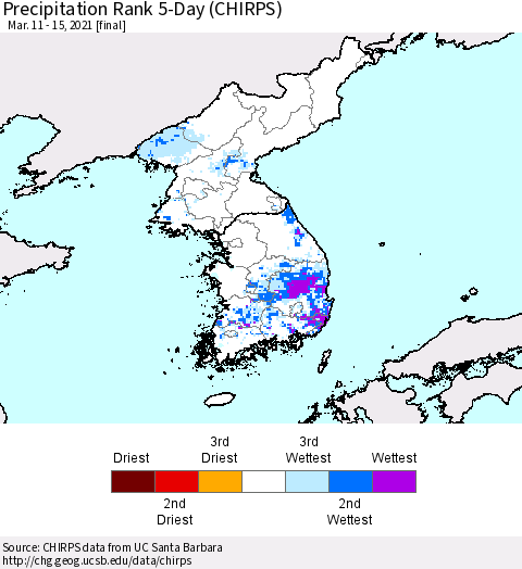 Korea Precipitation Rank 5-Day (CHIRPS) Thematic Map For 3/11/2021 - 3/15/2021