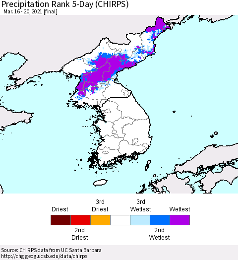 Korea Precipitation Rank since 1981, 5-Day (CHIRPS) Thematic Map For 3/16/2021 - 3/20/2021