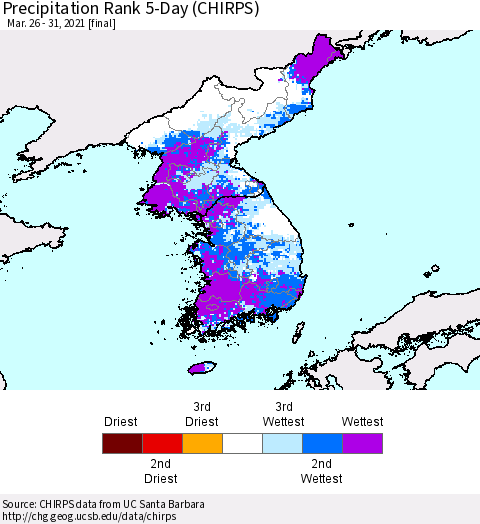 Korea Precipitation Rank 5-Day (CHIRPS) Thematic Map For 3/26/2021 - 3/31/2021