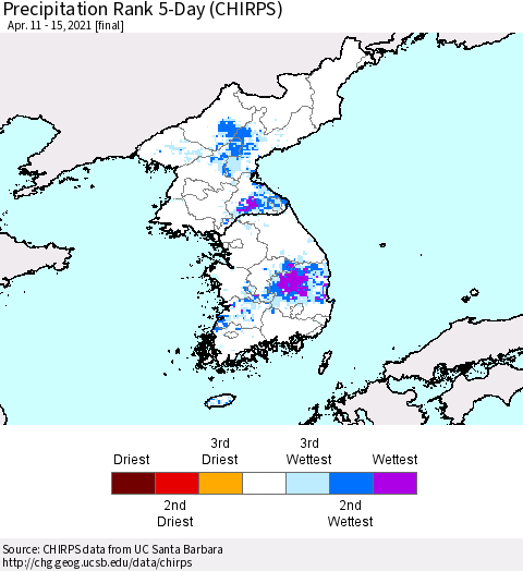 Korea Precipitation Rank since 1981, 5-Day (CHIRPS) Thematic Map For 4/11/2021 - 4/15/2021