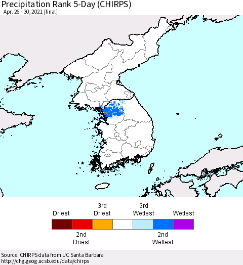 Korea Precipitation Rank since 1981, 5-Day (CHIRPS) Thematic Map For 4/26/2021 - 4/30/2021