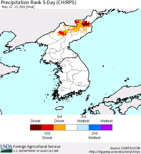 Korea Precipitation Rank since 1981, 5-Day (CHIRPS) Thematic Map For 5/11/2021 - 5/15/2021