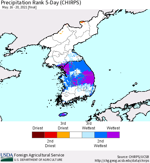 Korea Precipitation Rank since 1981, 5-Day (CHIRPS) Thematic Map For 5/16/2021 - 5/20/2021