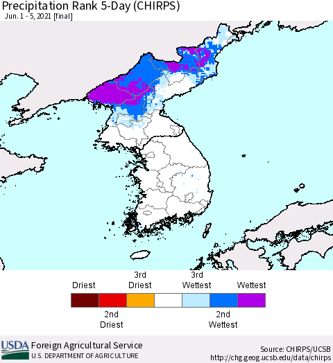 Korea Precipitation Rank since 1981, 5-Day (CHIRPS) Thematic Map For 6/1/2021 - 6/5/2021